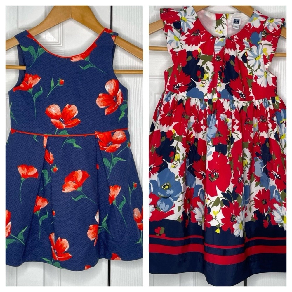 Lot of 2 JANIE AND JACK dress Size 2T EUC blue And Red Flowers